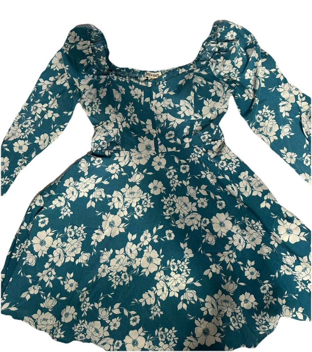 Inspired Hearts Dress Women Size Unknown Teal White Floral Long Sleeve